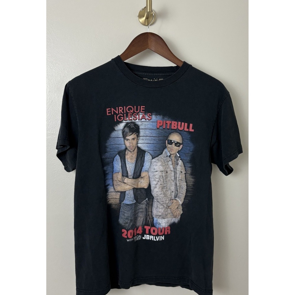 Enrique Iglesia Pitbull J Balvin 2014 Tour Double Sided‎ T Shirt Latin Black M